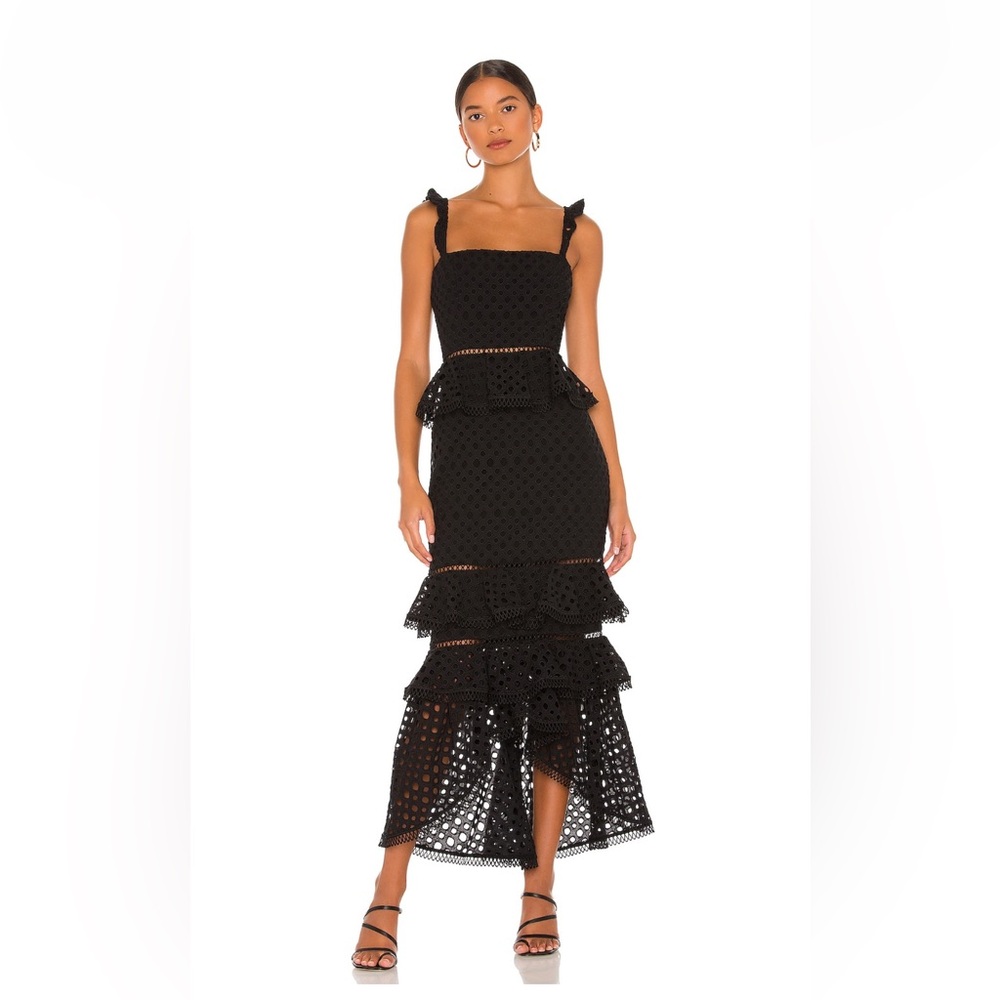 NBD Haze Black Eyelet Tiered Ruffle Midi Dress REVOLVE | Size XS